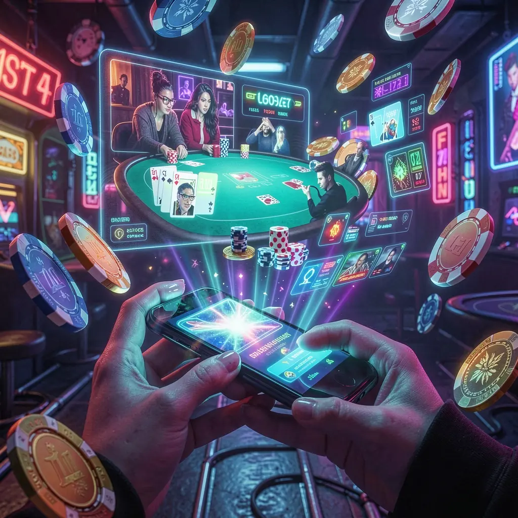 Futuristic casino scene with glowing chips and holographic game interfaces floating above a smartphone using the WP888apk app in Indonesia