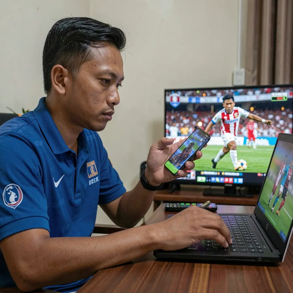 Focused Indonesian bettor placing live sports bets on a laptop and smartphone while watching a football match using WP888apk
