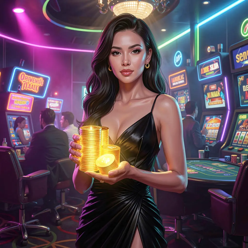 Stylish female casino player holding poker chips in a vibrant neon casino setting representing high energy gaming action at WP888apk Indonesia