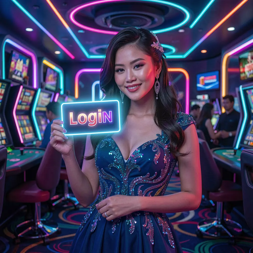 Stylish Indonesian woman holding a glowing login card in a modern casino setting highlighting secure access to WP888apk